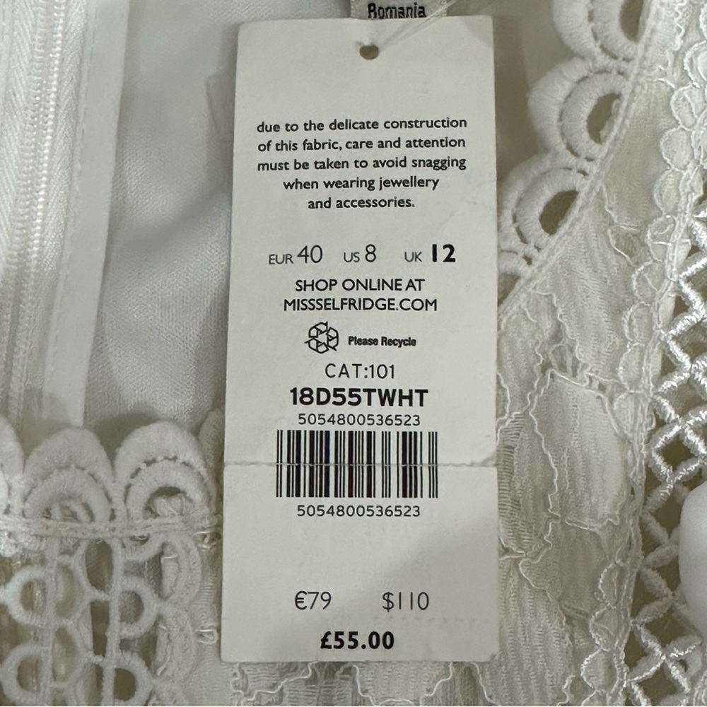 Miss Selfridge White Lace Dress Sleeveless Ruffle Hankerchief Hem - Picture 7 of 9